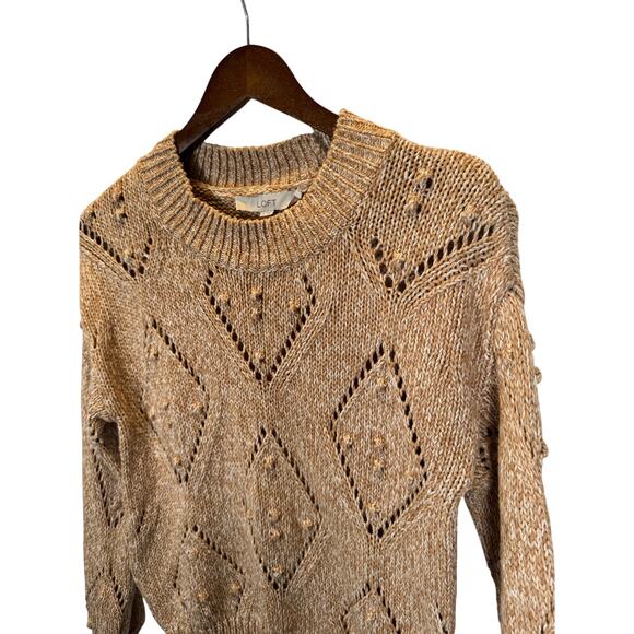 LOFT Women’s S Brown Textured Knit Sweater Cotton Blend Crewneck Boho Preppy - Picture 1 of 9